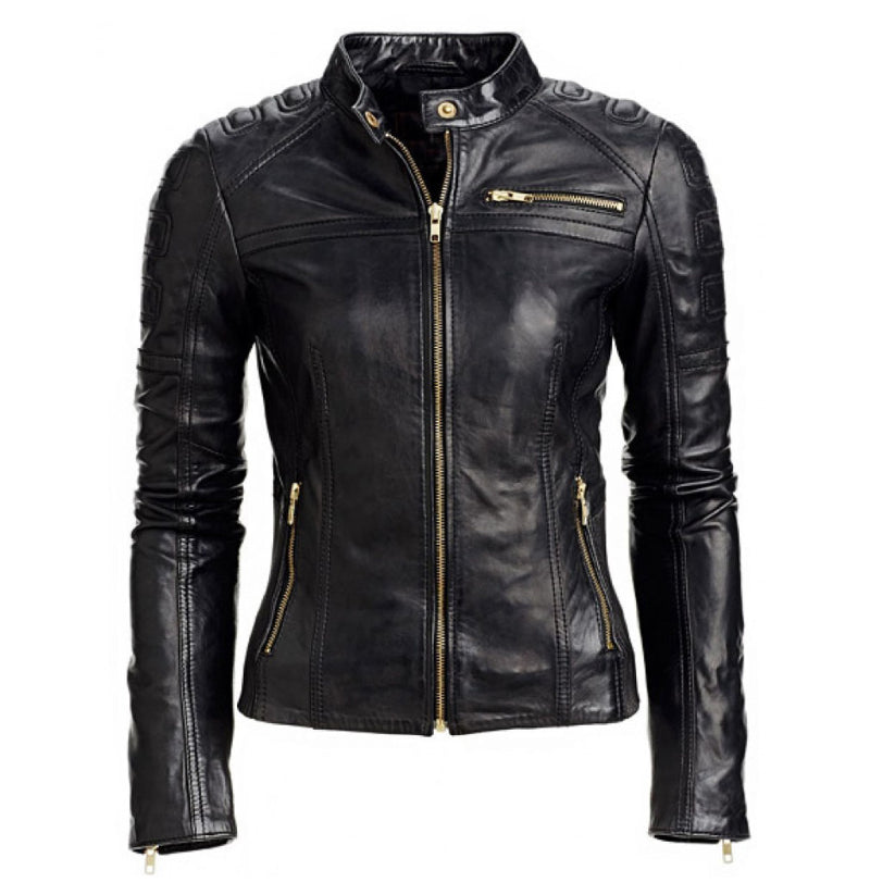 Women's Black Slim Fit Biker Bomber Leather Jacket