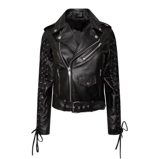 Women's Black Solid Casual Biker Leather Jacket
