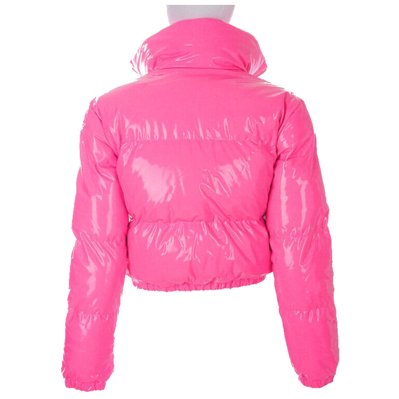 Women's Bright Pu Puffer Jackets Warm Bubble Coat Down Parkas Zipper Crop Jacket