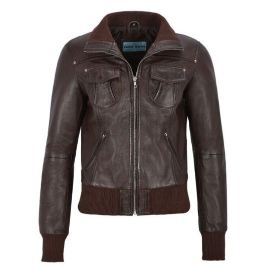 Women's Brown Bomber Leather Jacket Motorcycle Style