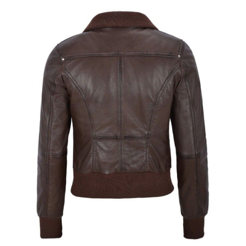 Women's Brown Bomber Leather Jacket Motorcycle Style