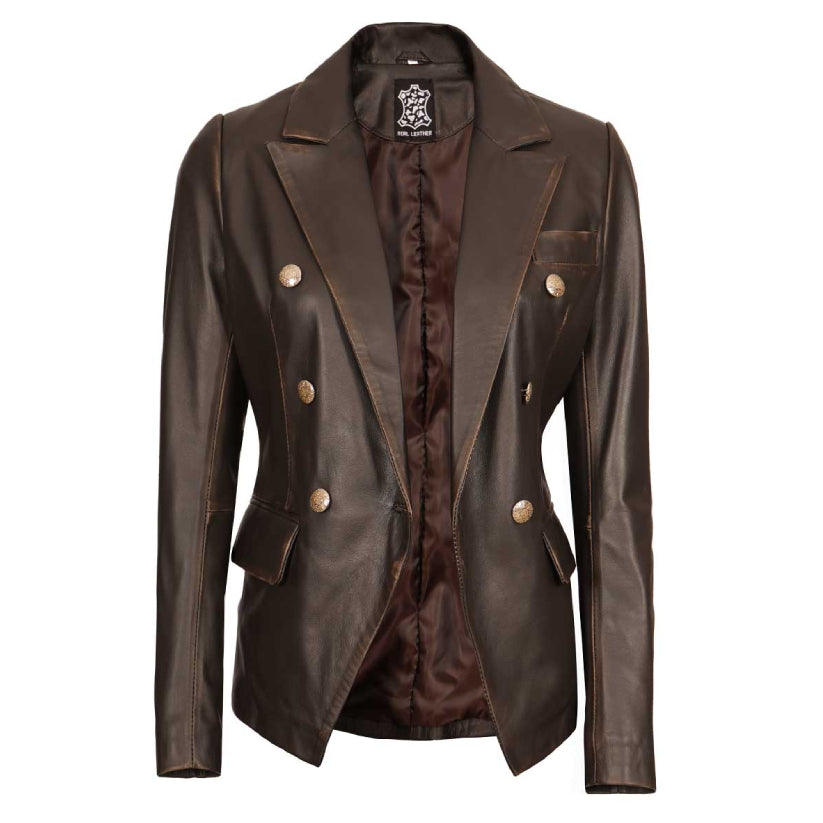 Women's Brown Leather Blazer Jacket