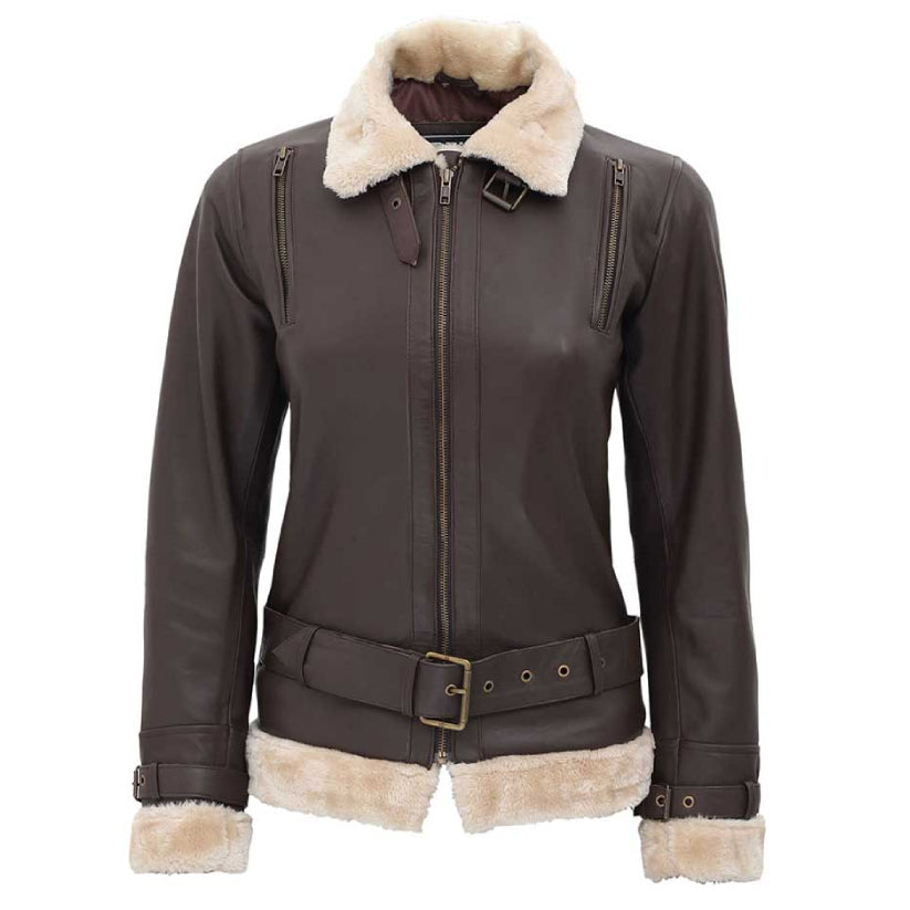 Women’s Brown Leather Jacket With Fur Collar