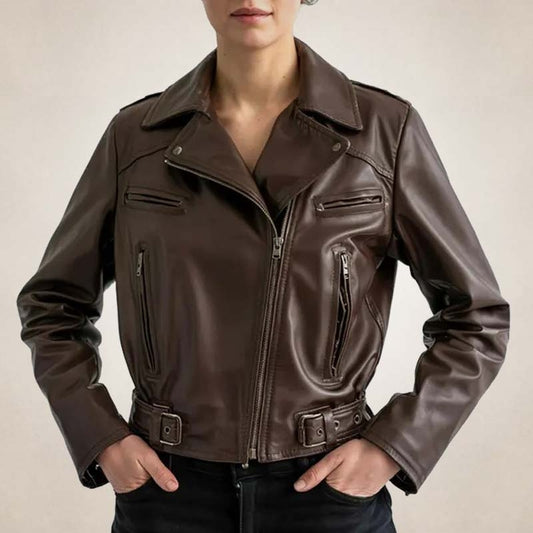 Women's Brown Leather Moto Biker Jacket