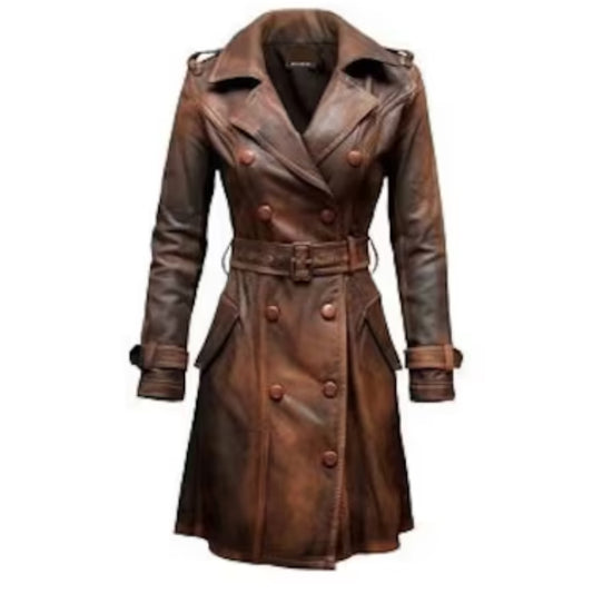 Women's Brown Vintage Leather Trench Coat