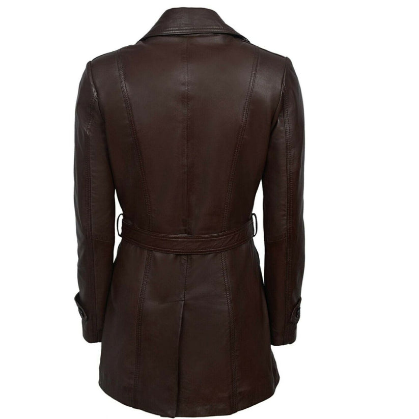 Women's Dark Brown Trench Belted Leather Coat