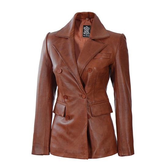 Women's Double-Breasted Leather Blazer Jacket