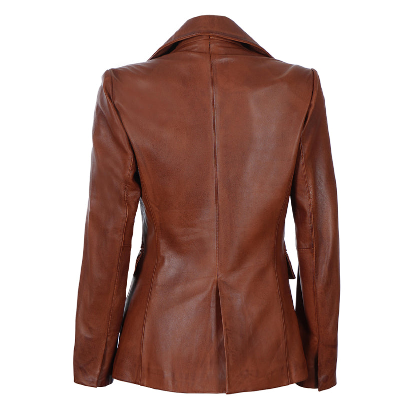 Women's Double-Breasted Leather Blazer Jacket