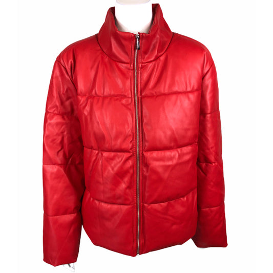 Women's Faux Leather Zip Front Puffer Jacket Solid Red