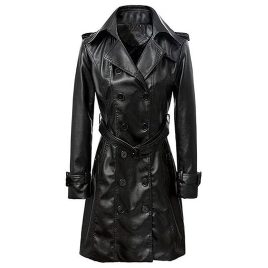 Women's Genuine Lambskin Leather Black Trench Coat