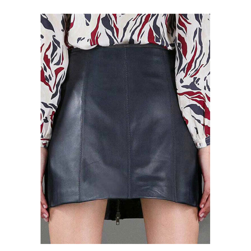 Women's Genuine Lambskin Leather Skirt Short Blue