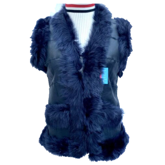 Women's Genuine Shearling Sheepskin Leather Fur Blue Vest