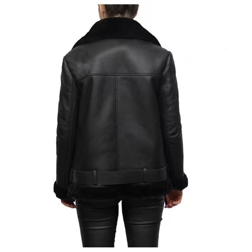 Women’s Handmade Black Shearling Leather Jacket