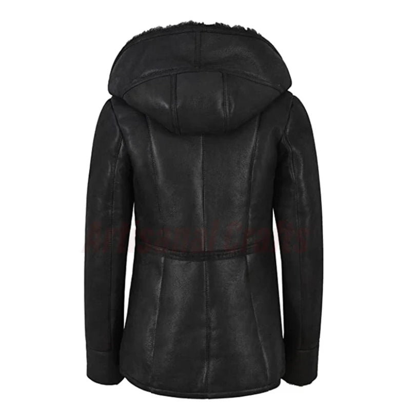Women's Hooded Genuine Leather Fur Shearling Jacket