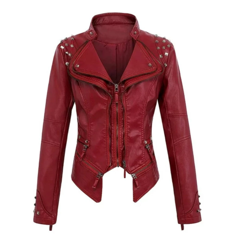 Women's Red Leather Studded Jacket Jacket