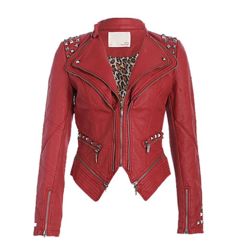 Women's Red Studded Rocker Moto Jacket