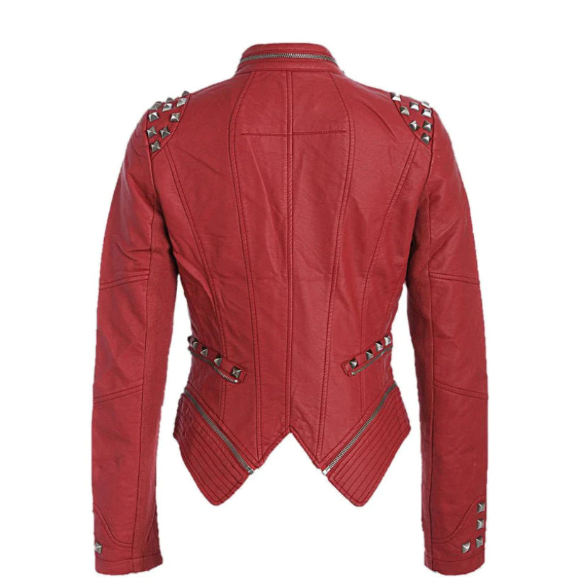 Women's Red Studded Rocker Moto Jacket