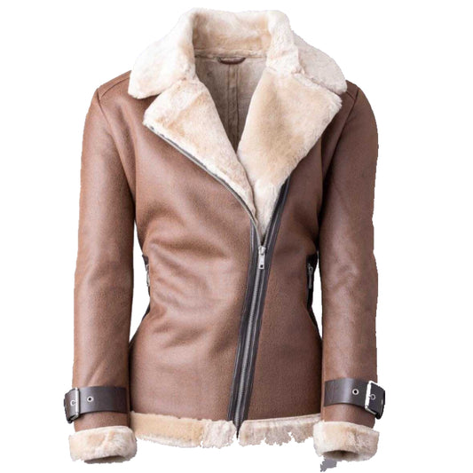 Women’s Sheepskin Fur Collar Genuine Leather Aviator Jacket in Nut Brown Color