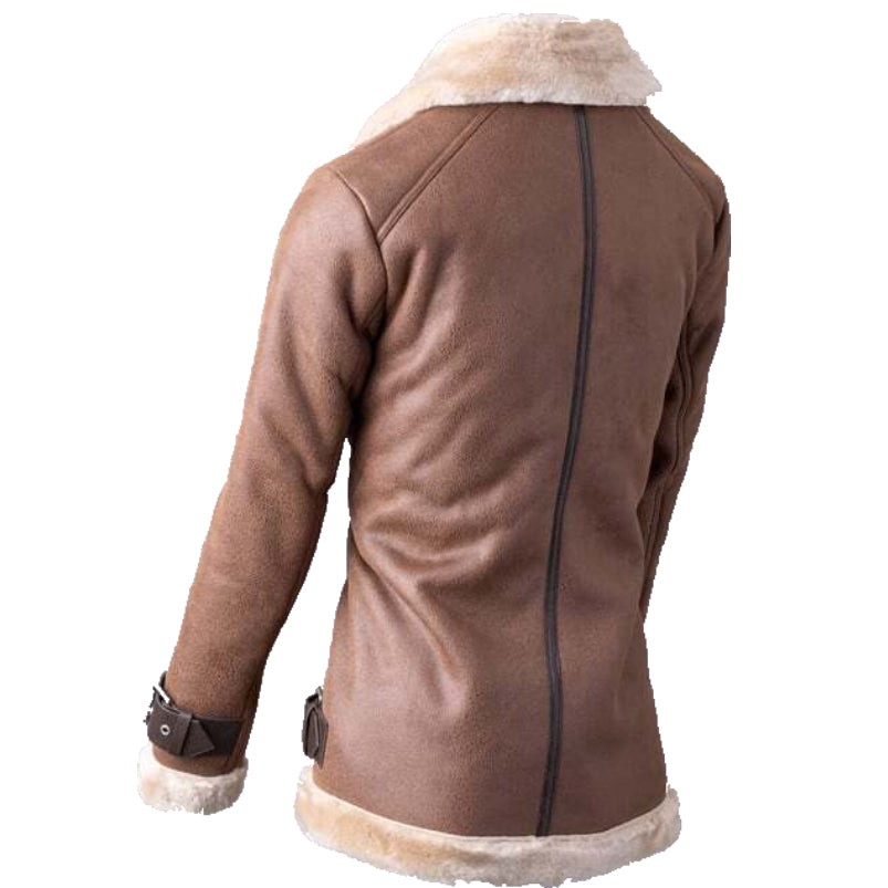Women’s Sheepskin Fur Collar Genuine Leather Aviator Jacket in Nut Brown Color
