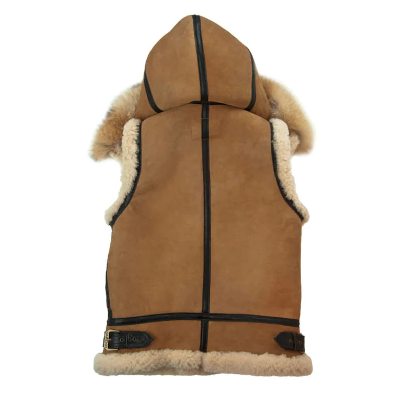 Women's Tan Hooded B-3 Suede Leather Shearling Vest