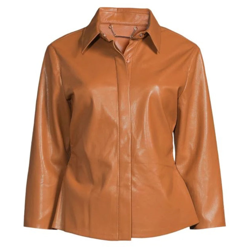 Women's Vegan Leather Brown Button Down Shirt