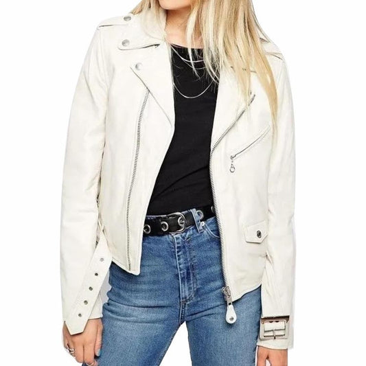 Women's White Moto-Style Leather Biker Jacket