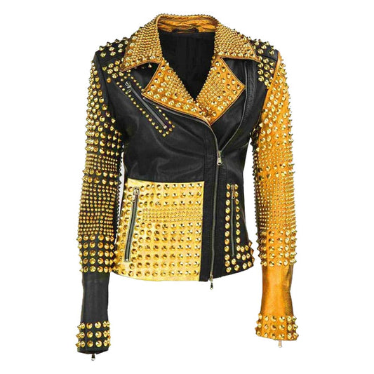 Womens Apparel Gold Studded Leather Jacket