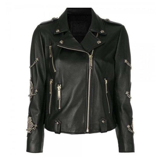 Womens Black Celebrity Zipped Leather Jacket