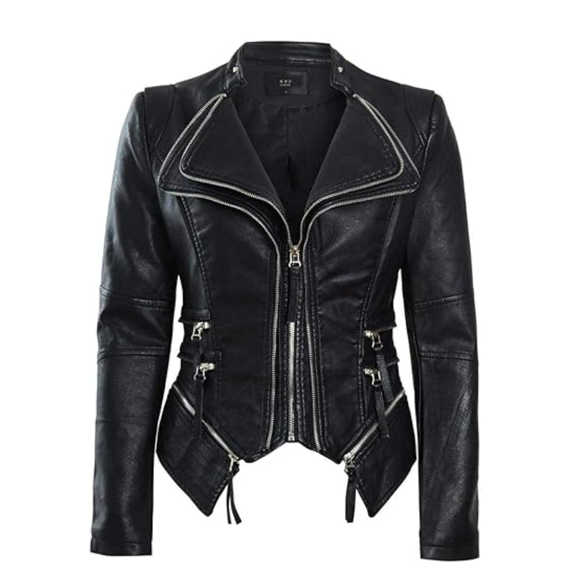 Womens Black Faux Leather Biker Jacket