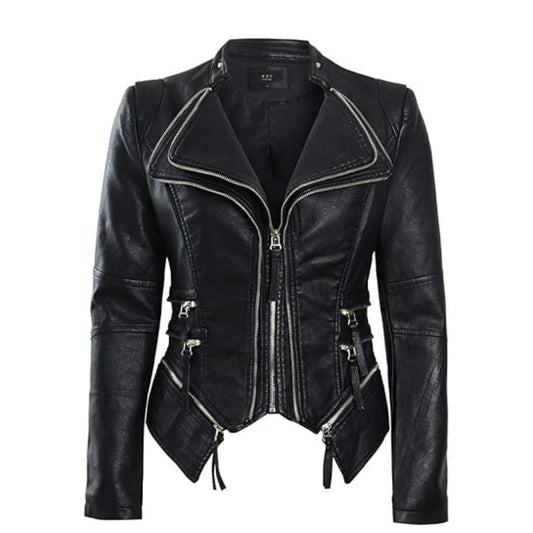 Womens Black Faux Leather Biker Jacket