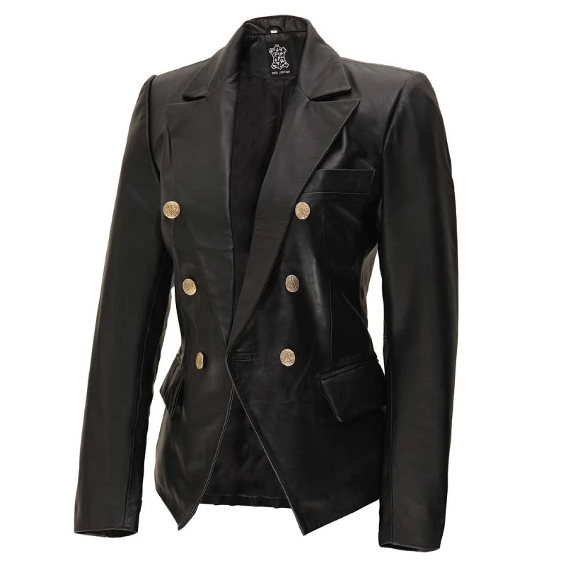 Womens Black Leather Double Breasted Blazer