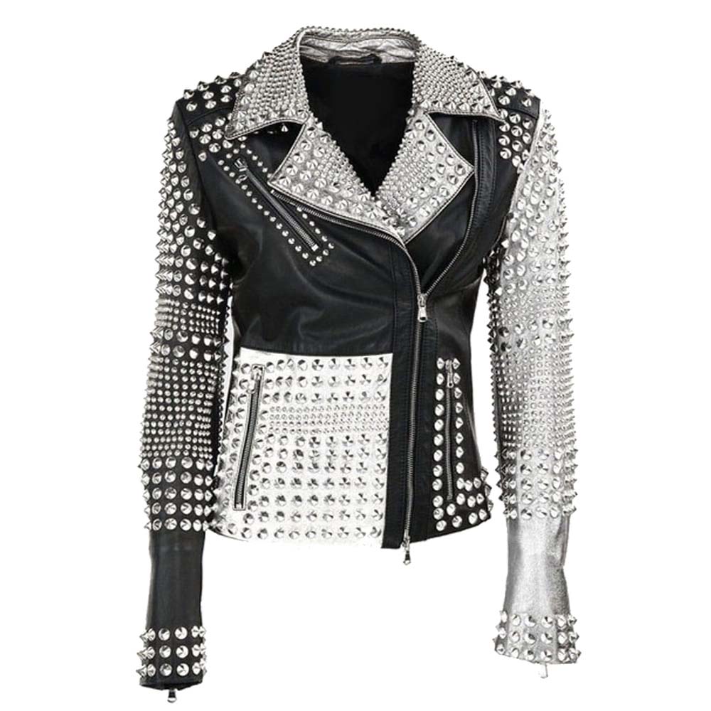 Womens Black Silver Studded Zippered Leather Jacket
