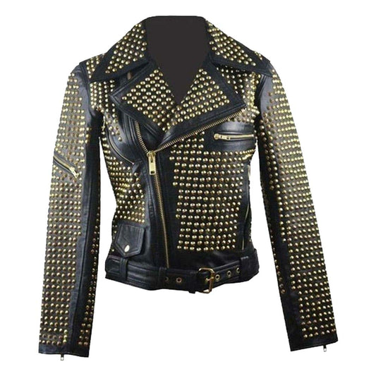 Womens Black Stylish Golden Studded Leather Jacket