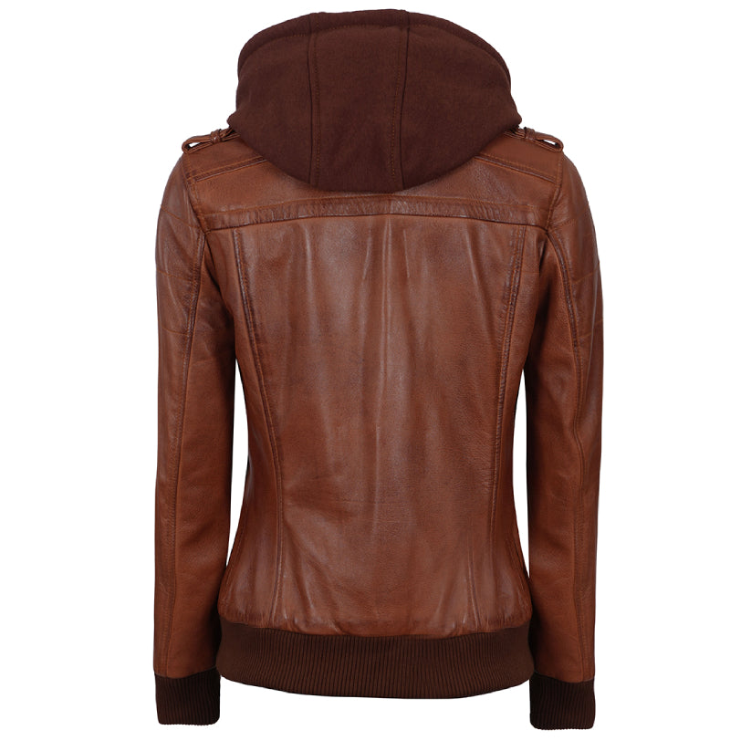 Womens Bomber Leather Jacket with Removable Hood