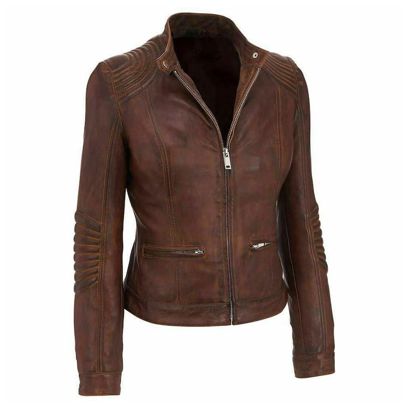 Womens Cafe Racer Distressed Brown Leather Jacket