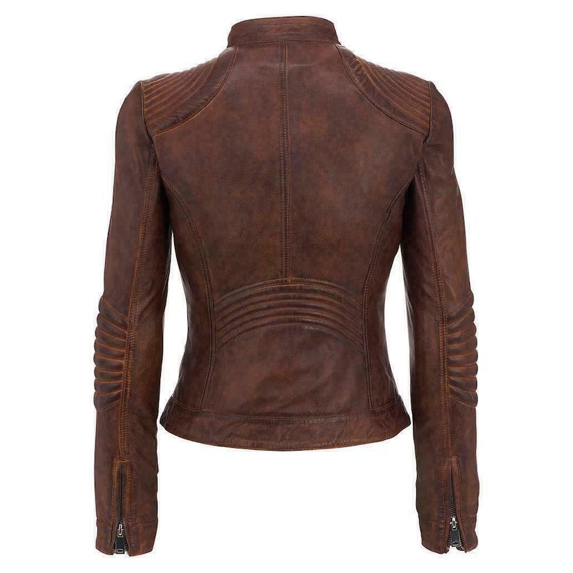 Womens Cafe Racer Distressed Brown Leather Jacket