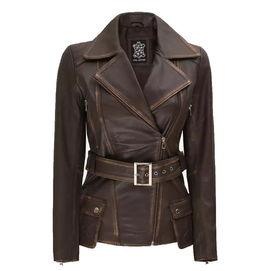 Womens Dark Brown Leather Belted Jacket