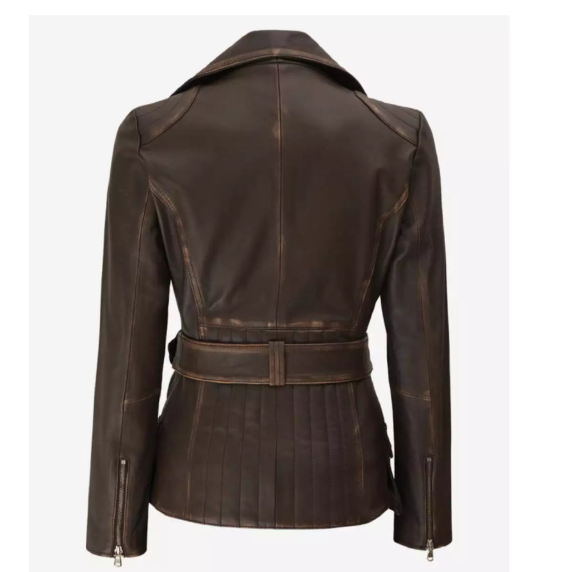 Womens Dark Brown Leather Belted Jacket