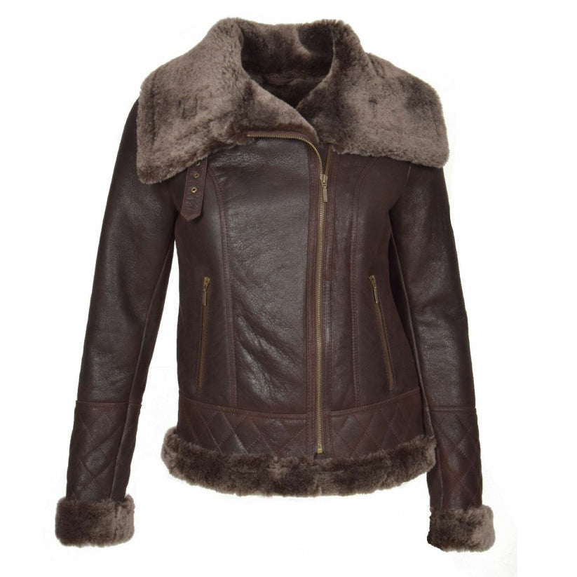 Womens Genuine Lamb Fur Lined Shearling Leather Jacket Bomber