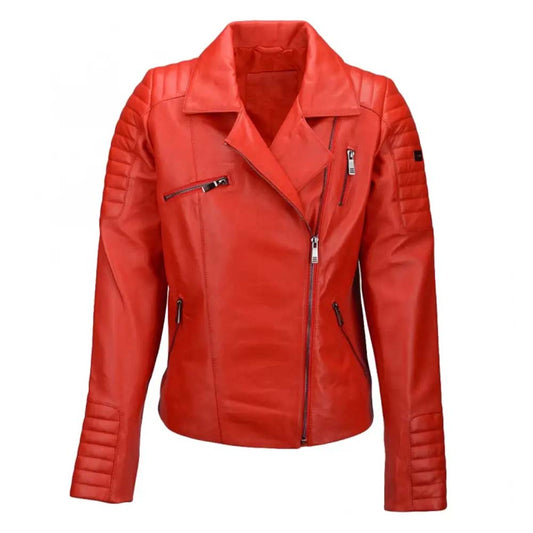 Womens Genuine Red Leather Biker Jacket