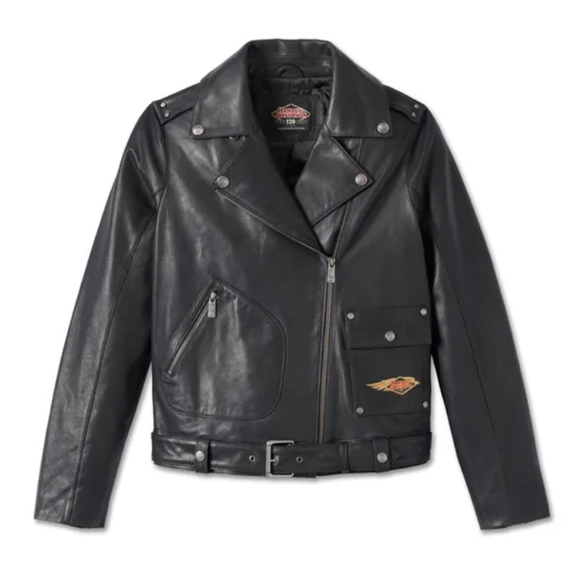 Womens HD D Pocket Biker Leather Jacket Black