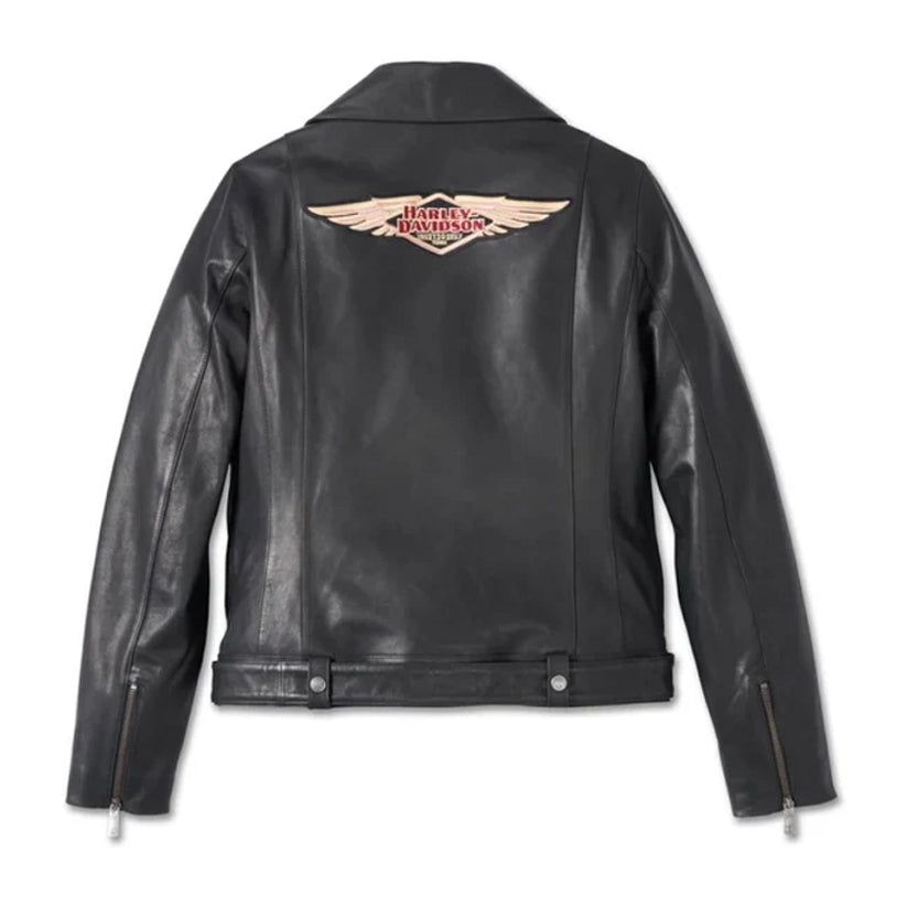 Womens HD D Pocket Biker Leather Jacket Black