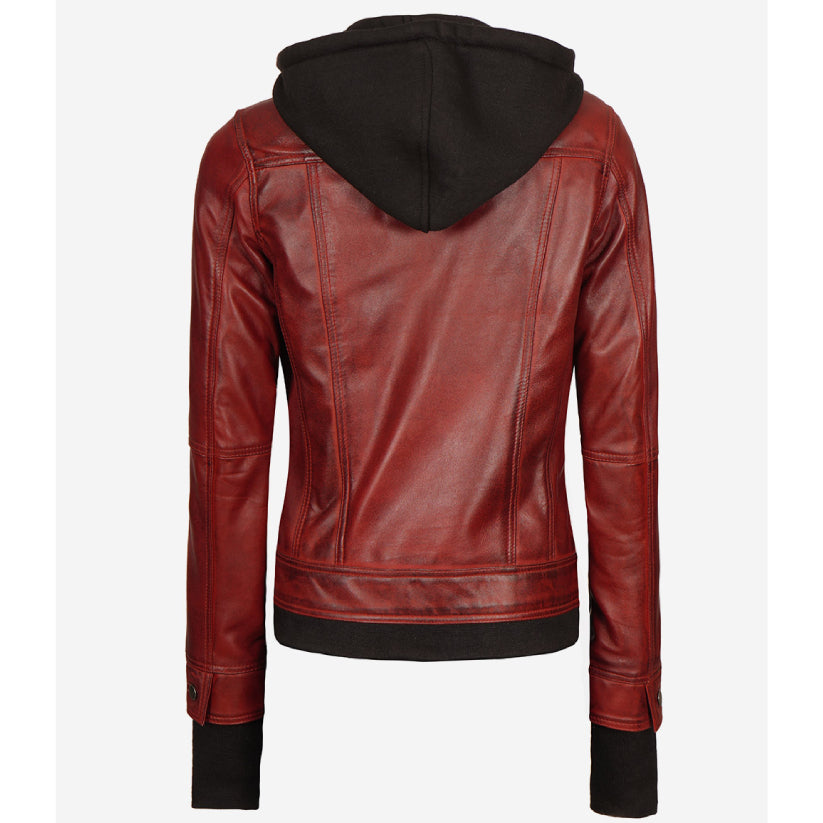 Womens Maroon Bomber Leather Jacket With Removable Hood