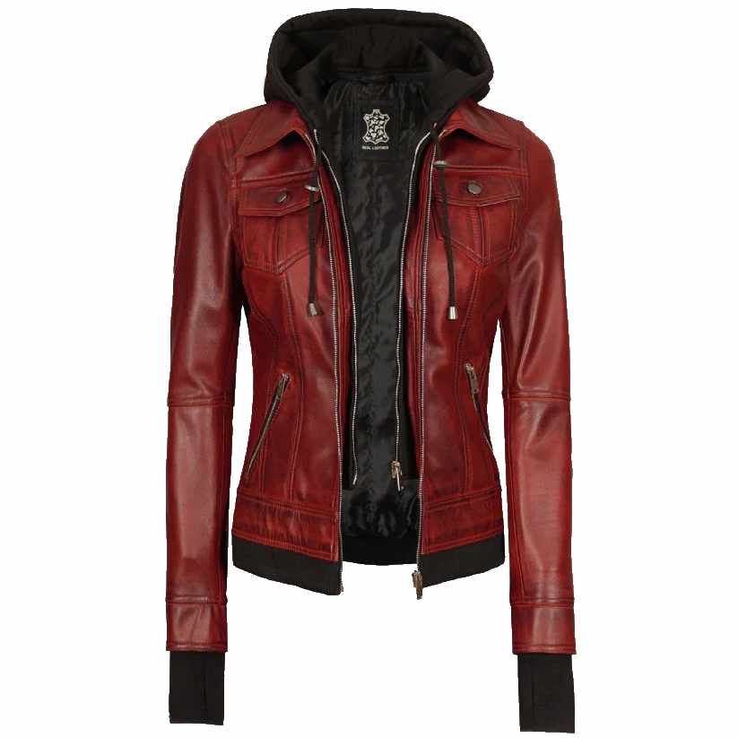 Womens Maroon Bomber Leather Jacket With Removable Hood