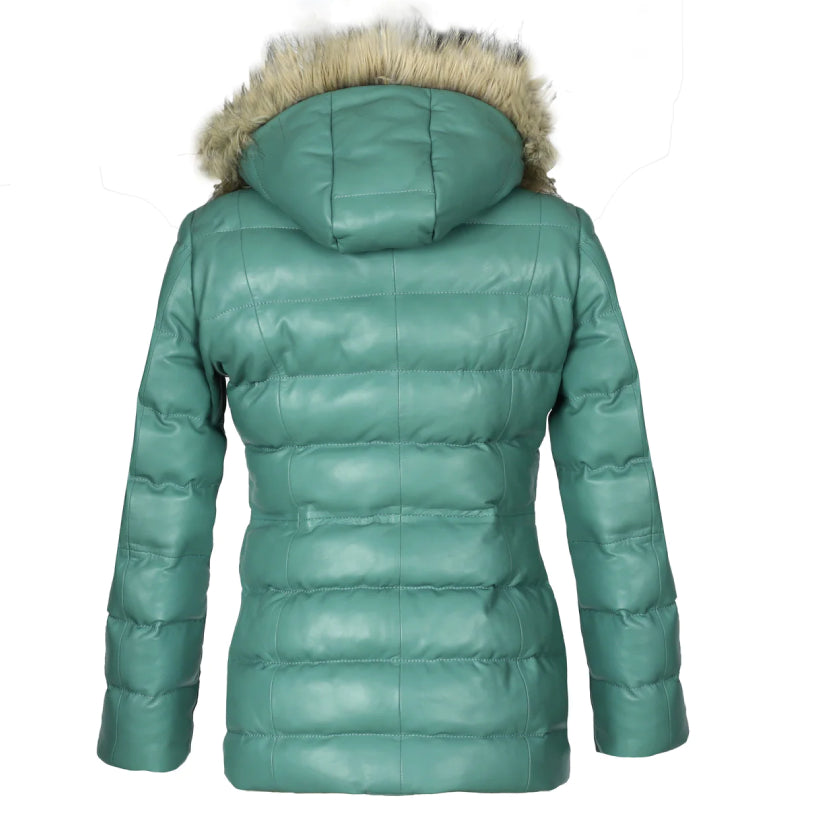 Womens Puffer Leather Jacket with Fur Hoodie
