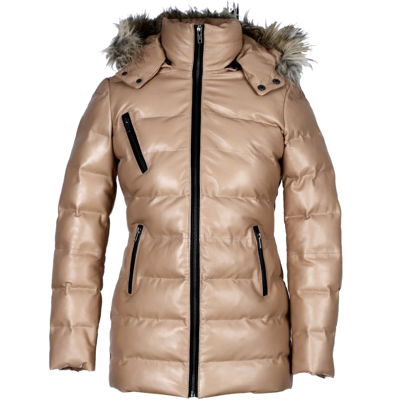 Womens Puffer Leather Jacket with Fur Hoodie