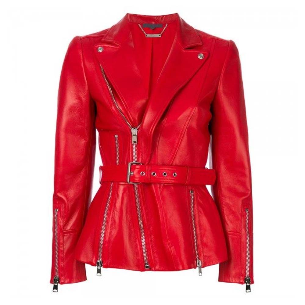 Womens Red Celebrity Leather Jacket With Belt