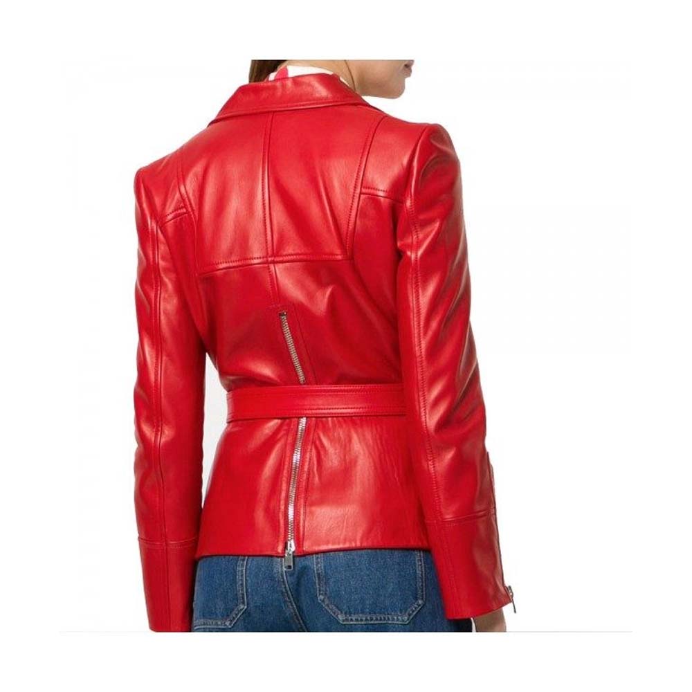 Womens Red Celebrity Leather Jacket With Belt