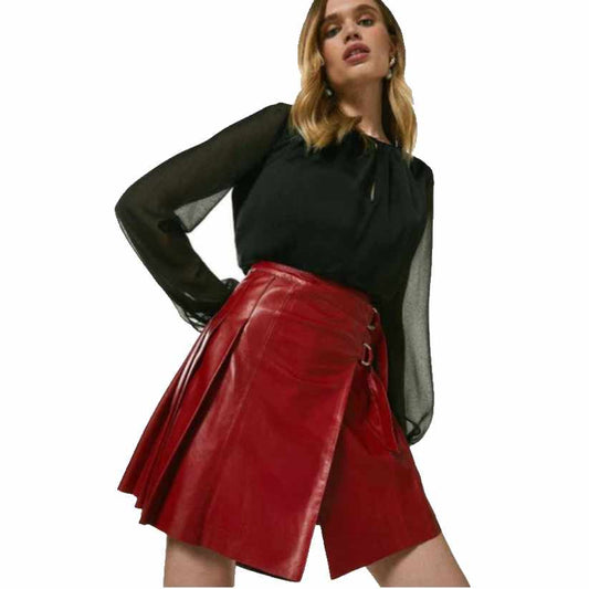 Womens Red Leather Buckle Kilt Skirt