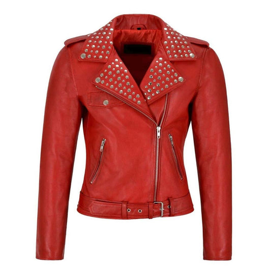 Womens Red Motorcycle Leather Biker Jacket studded